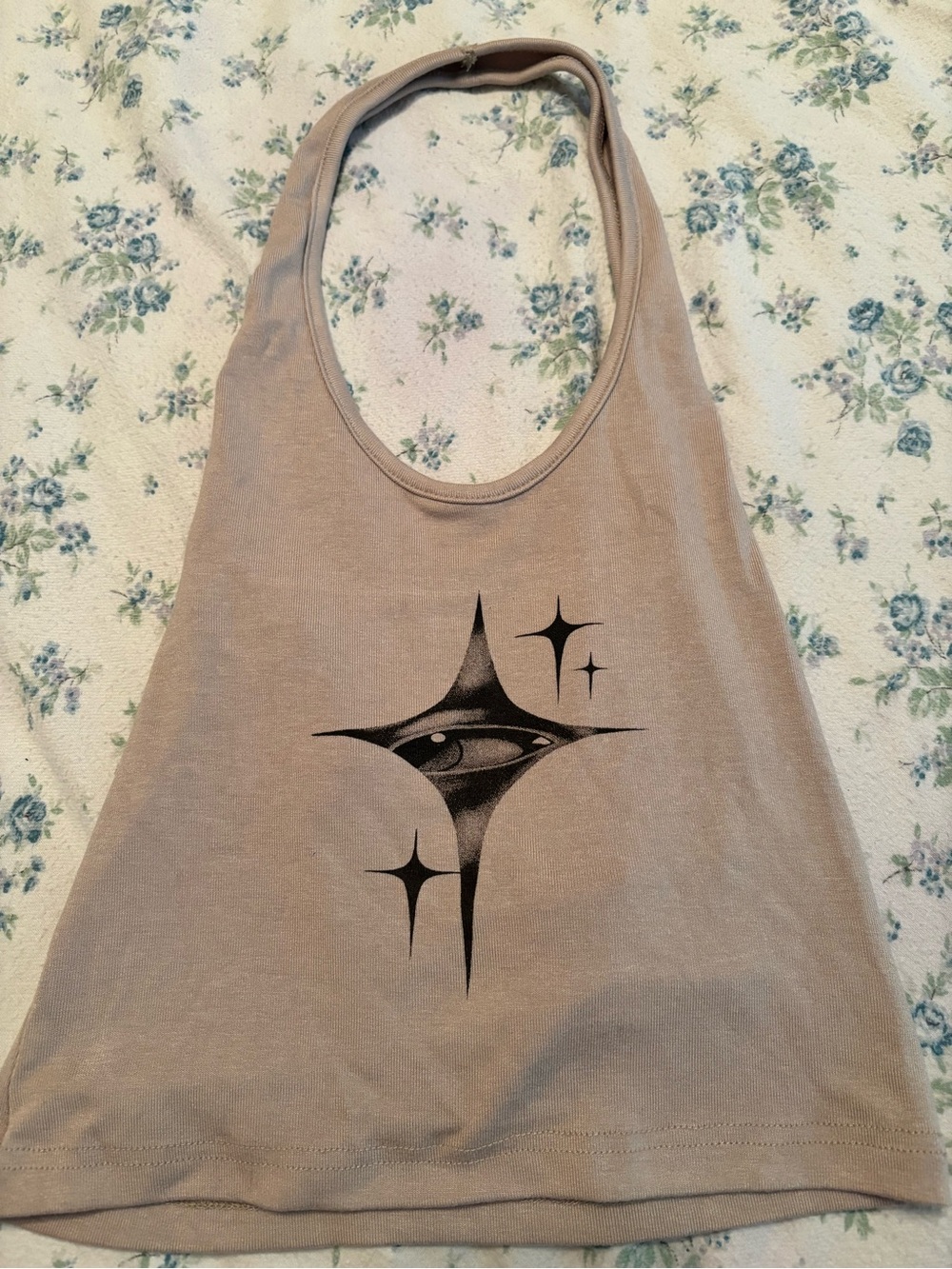 Beige Graphic Halter Tank Top with Star Eye Motif